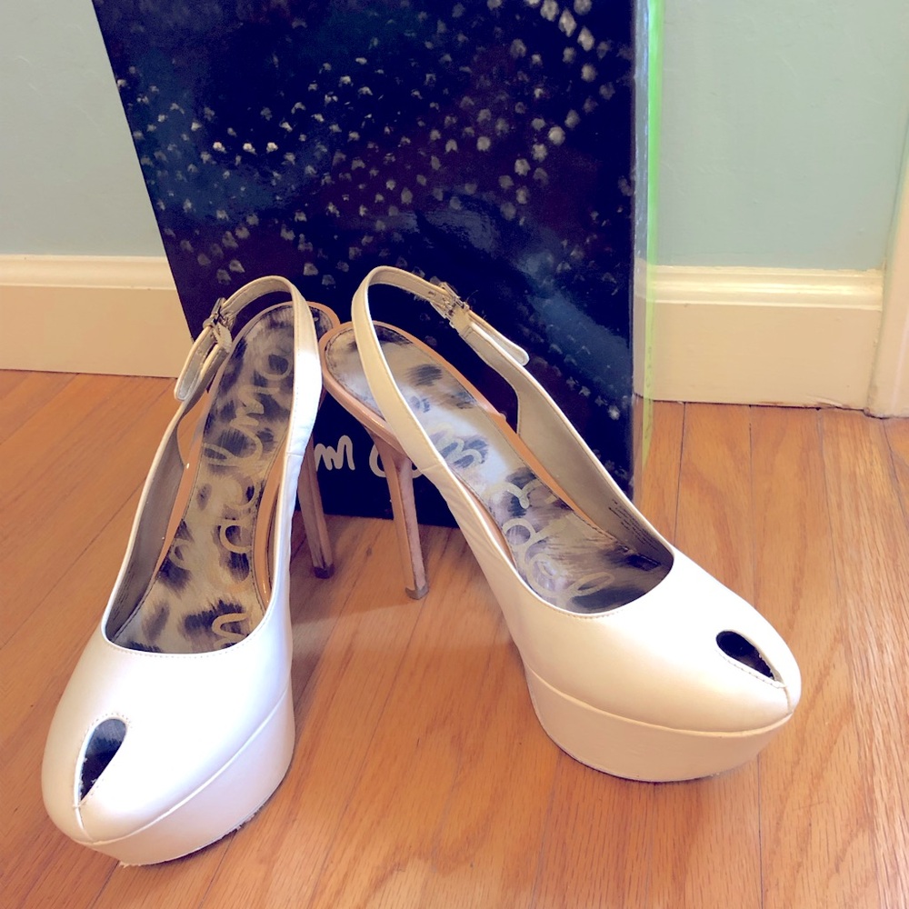 Sam Edelman White Leather Peep-Toe Platforms